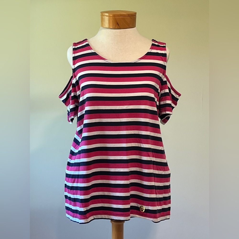Michael Kors Striped Cold Shoulder T Shirt Pink Navy XL